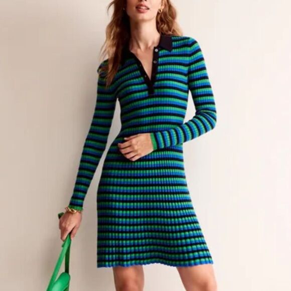 Boden Mini Collared Ribbed Knit Polo Rugby Dress Navy Bright Green Size 14 New - Picture 1 of 11